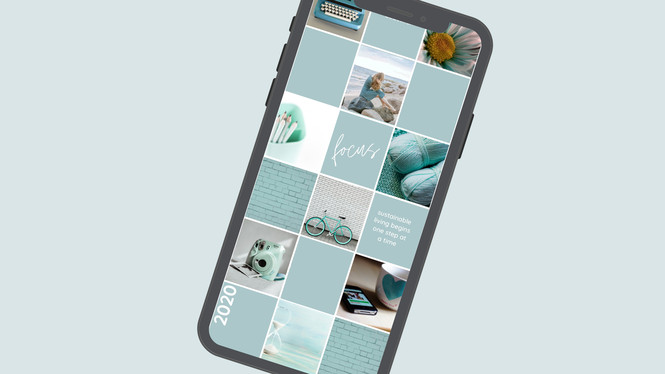 Picture of a iphone with an instagram grid showing.